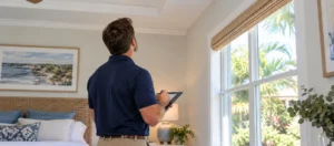 Environmental consultant reviewing conditions inside a Florida home.