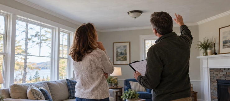 Homeowner discussing a planned ceiling renovation with an environmental consultant.