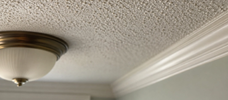 Close-up of textured popcorn ceiling beside crown molding and a ceiling light.