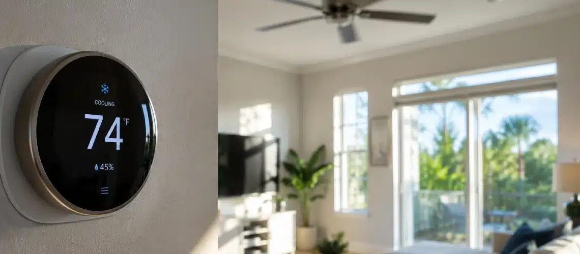 Smart thermostat set to 74 degrees in a Florida home