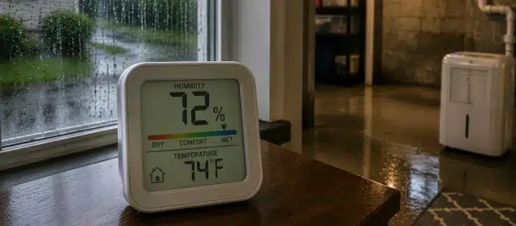 humidity monitor showing elevated moisture after rain in a Maine or New Hampshire basement