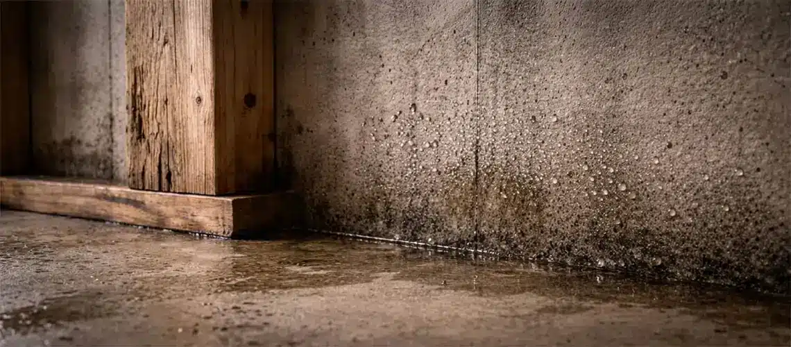 condensation forming on basement concrete wall in Maine and New Hampshire creating damp basement air and high humidity conditions
