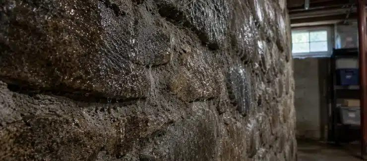 Condensation on a fieldstone basement wall in a Maine home
