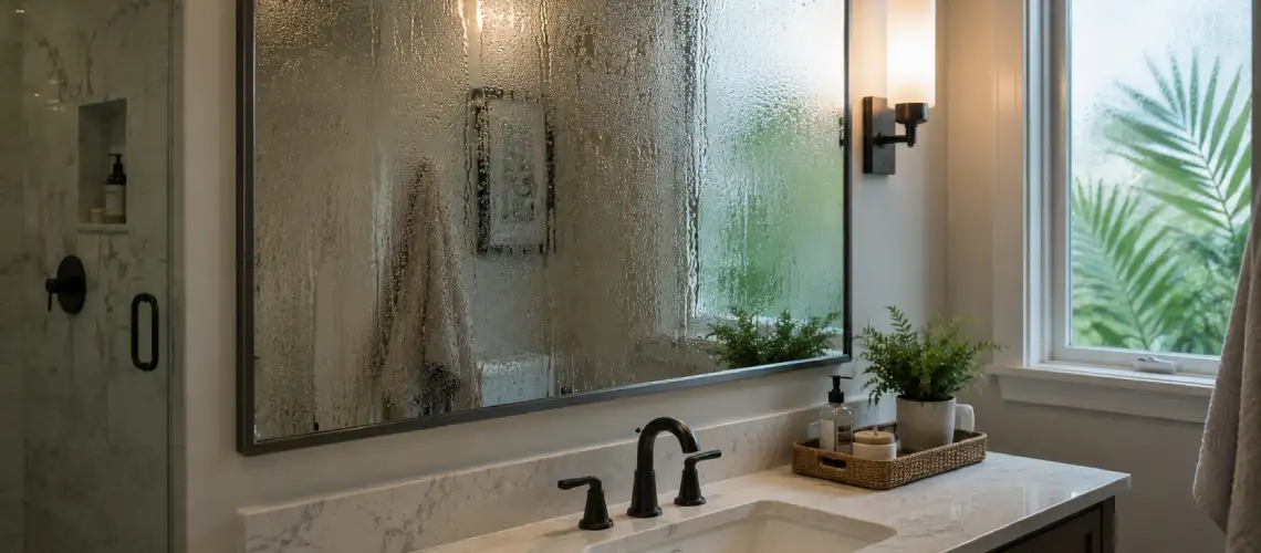 Condensation buildup on bathroom mirror caused by high indoor humidity in a Florida home