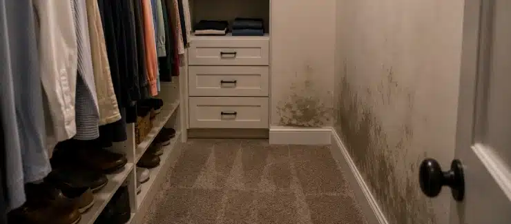 Hidden moisture and humidity buildup inside a Florida closet showing early mold-prone conditions