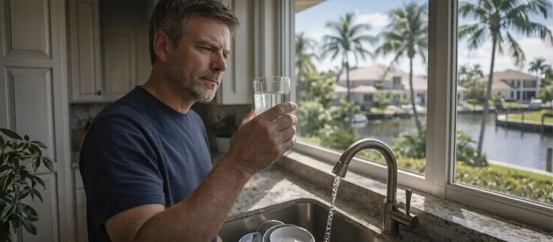 A concerned man holding a glass of tap water in a Florida kitchen while looking closely at the clarity.