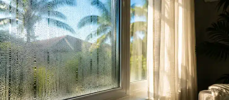 Window condensation caused by high indoor humidity levels in a Florida home