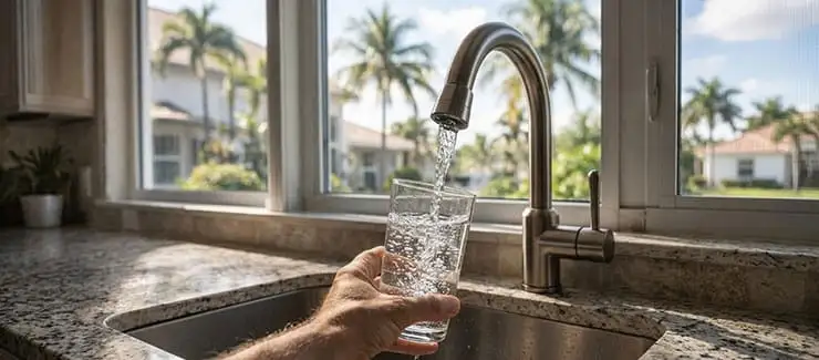 A hand holding a glass under a kitchen faucet being filled with clear water in a Florida home.