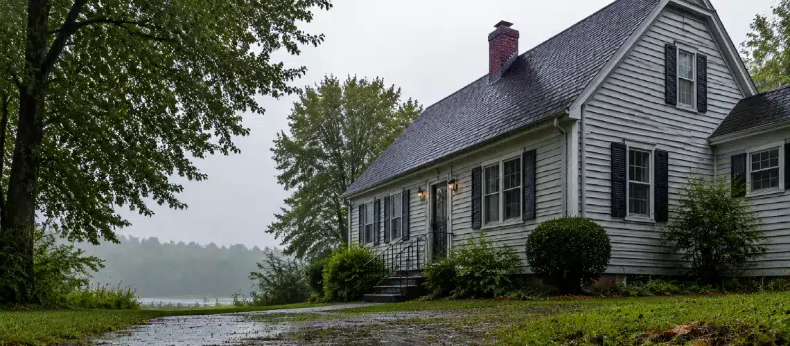 older Maine or New Hampshire home during heavy rain
