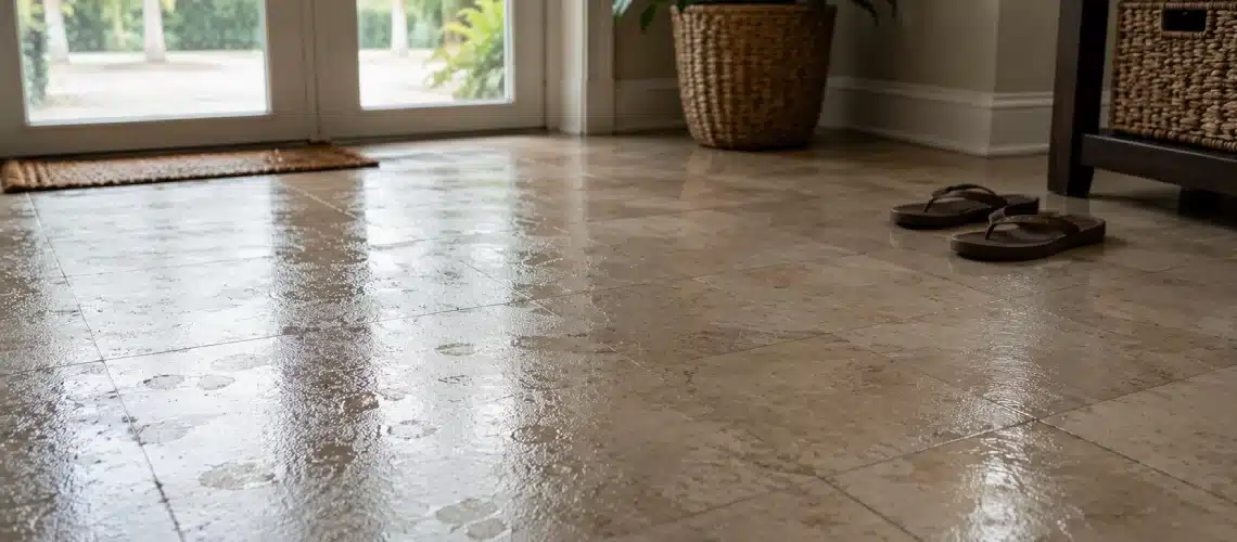 Tacky entryway floor from indoor humidity in a Florida home