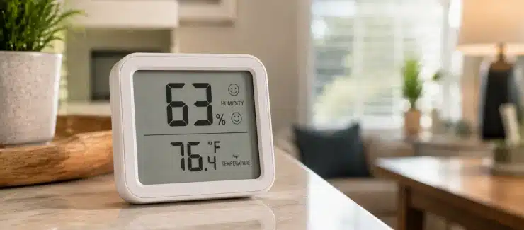 humidity monitor used to check indoor conditions after an AC outage in a Florida home