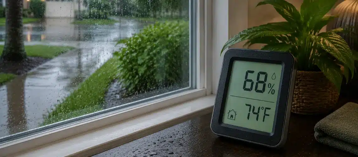 humidity monitor showing elevated indoor moisture after heavy rain in a Florida home