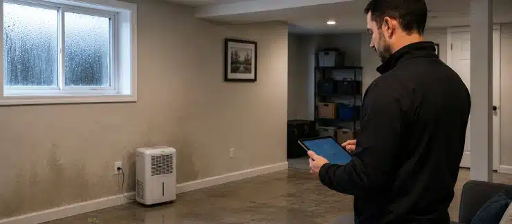 Indoor air quality inspection in a Maine basement to evaluate post-winter moisture and air conditions