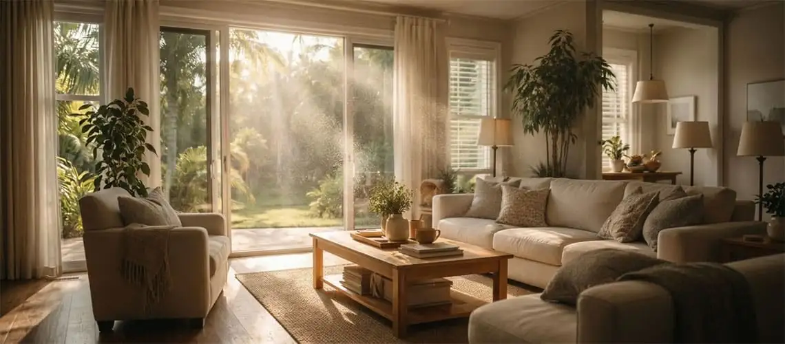 Dust particles visible in sunlight inside a Florida home, showing airborne particulate matter