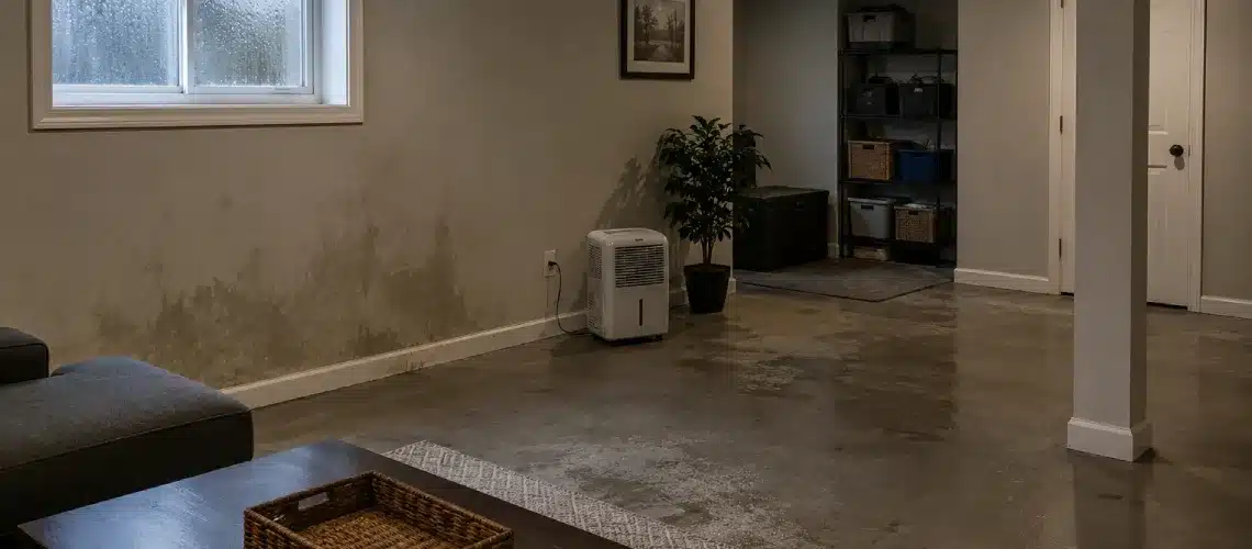 Basement in a Maine home showing early moisture buildup and window condensation after winter
