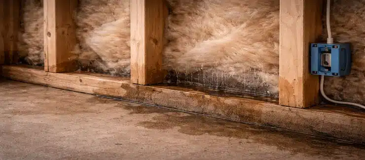 moisture buildup inside basement wall insulation showing damp materials and hidden moisture in walls affecting indoor air quality