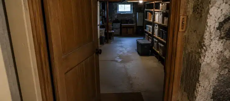 Basement entry leading to a musty storage area in a Maine home