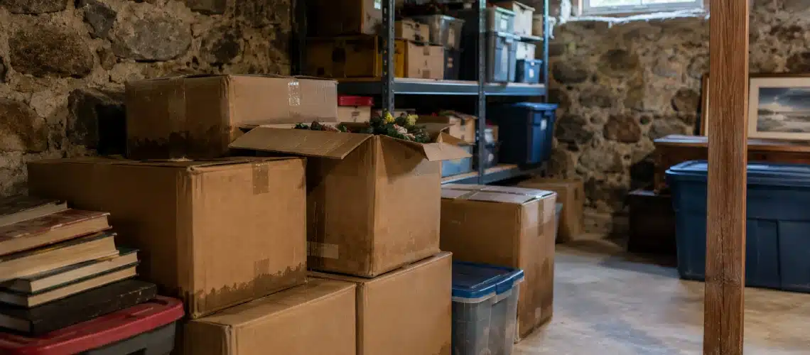 Stored boxes in a musty basement in Maine and New Hampshire