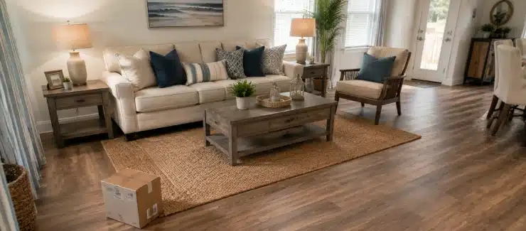 New flooring and furniture in a Florida home after renovation
