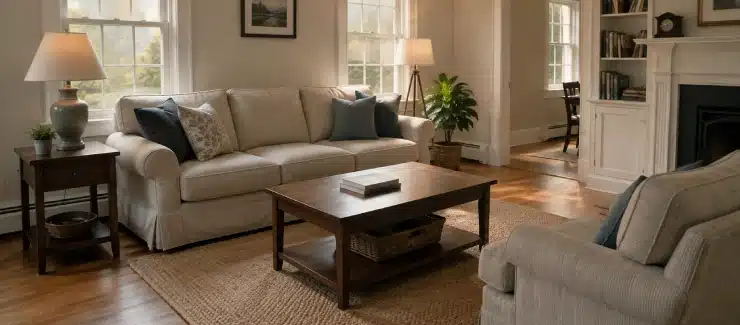 normal-looking Maine or New Hampshire home interior during an outdoor smoke event