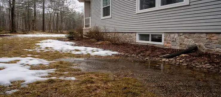 spring snowmelt water near foundation in Maine and New Hampshire contributing to basement moisture conditions