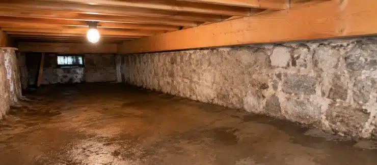 Damp crawlspace floor in a Maine or New Hampshire home