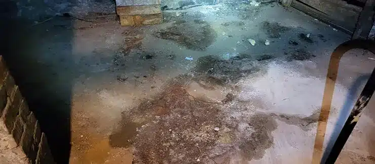 Water intrusion in Maine basement floor after snowmelt with visible moisture spread