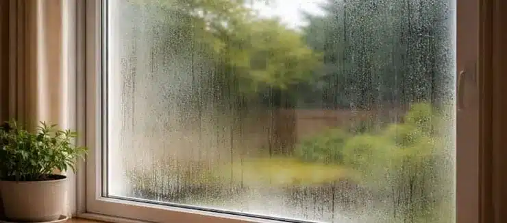 Window condensation in Maine home indicating indoor humidity changes from moisture conditions